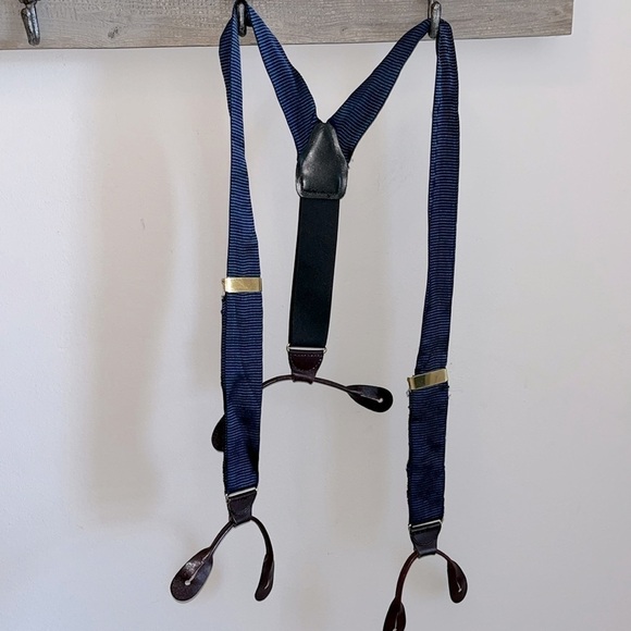 Perry Ellis Portfolio Suspenders Navy Adjustable Leather Fittings Brass Clips - Picture 1 of 8